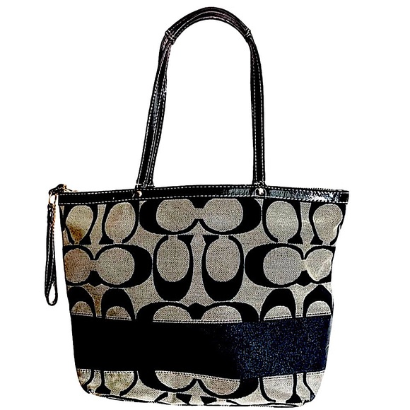 COACH Vintage Luxury Signature Canvas Stripe Canvas Tote in Black/Gray - Picture 1 of 16